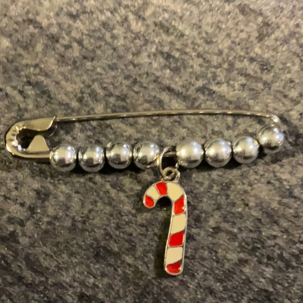 Homemade Festive Silver Beaded Pin with Candy Cane Charm